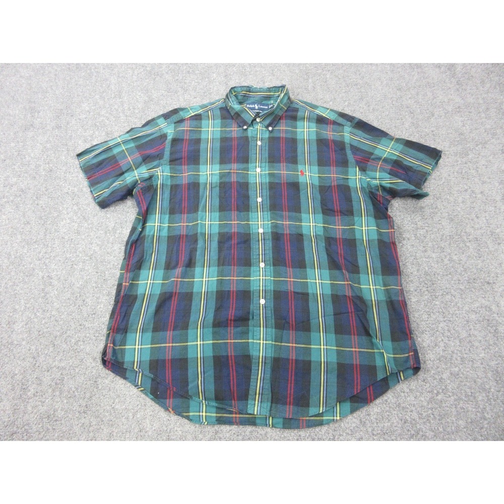 Vintage Ralph Lauren Shirt Mens XL Green Plaid Cotton Short Sleeve Button Front